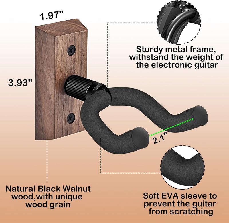 DOMMI Guitar Wall Mount 4 Pack, Guitar Holder with Rotatable Soft Guitar Hook for All Size Guitars, Hardwood U-Shaped Guitar Hanger Wall Mount for Acoustic, Electric Guitar, Bass, Black Walnut - Image 5